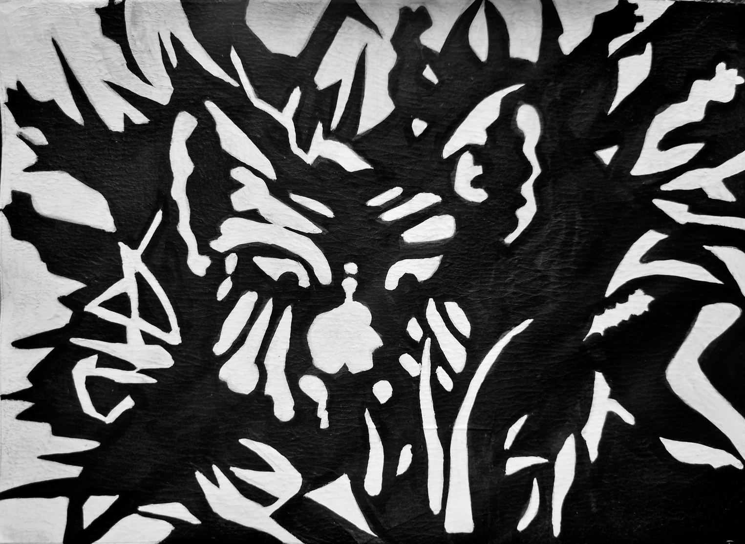 Jagged black and white shapes form a dancing figure and surrounding park-like scene, with repeated leaf-like forms and branching negative spaces.