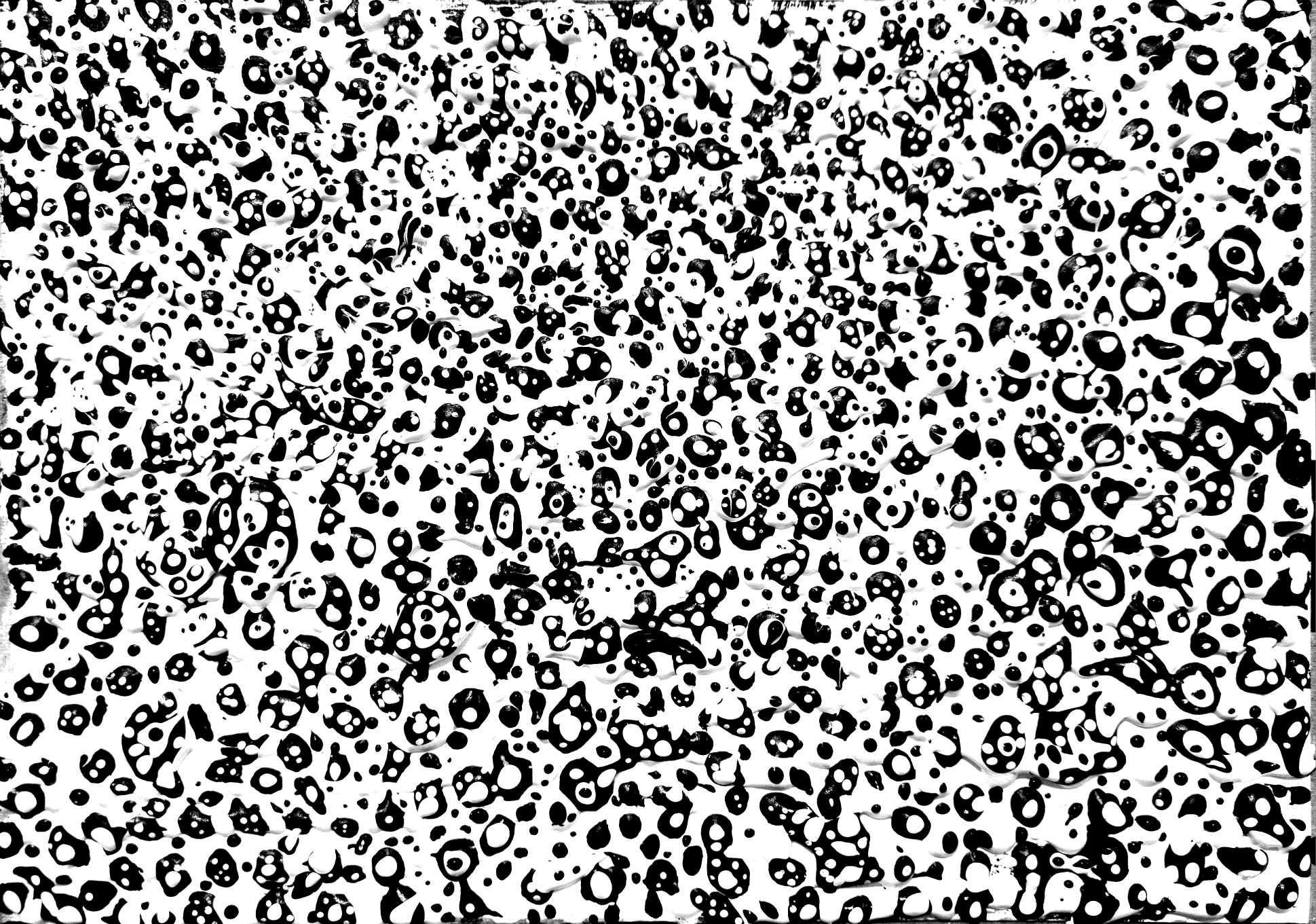 A dense field of small black rings, spots and irregular cellular marks spreads across a white surface.