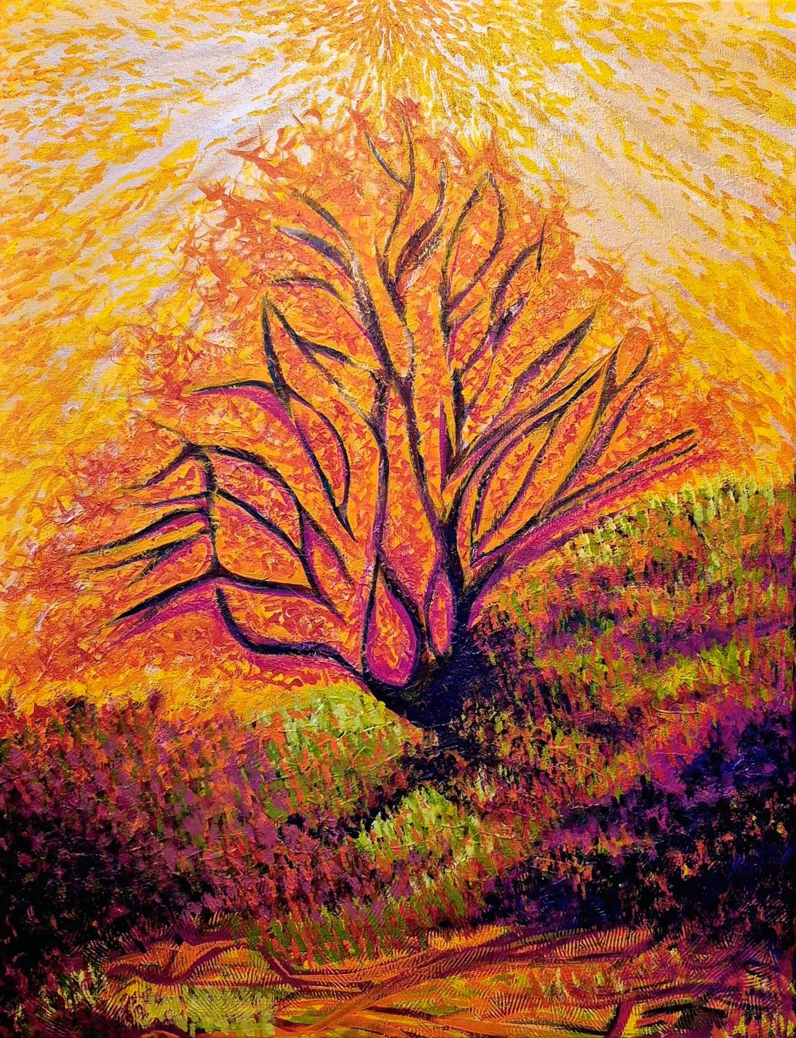 Dark branching forms spread through a glowing yellow-orange and pink field, with dense purple and red marks below.