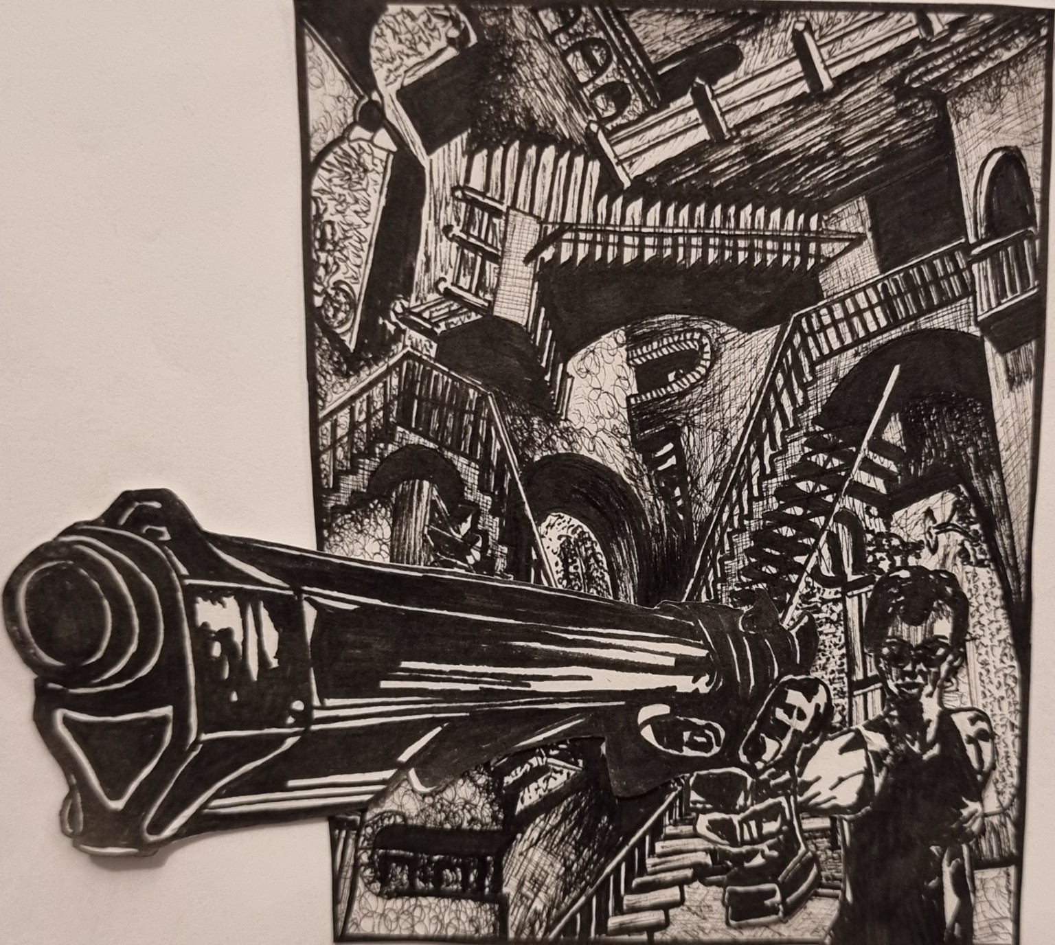 A black-and-white armed figure at lower right points a greatly enlarged firearm towards the left foreground, in front of a dense network of stairs and arches.