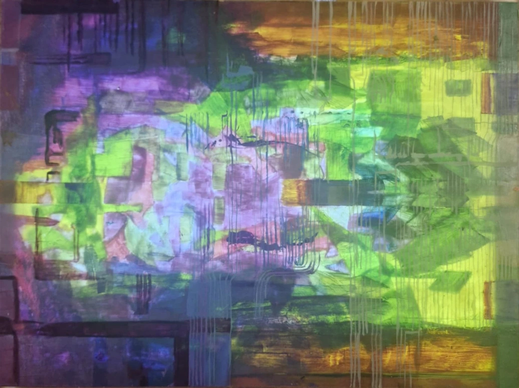Overlapping translucent marks and dark vertical lines interrupt luminous yellow-green, blue and violet bands of light.