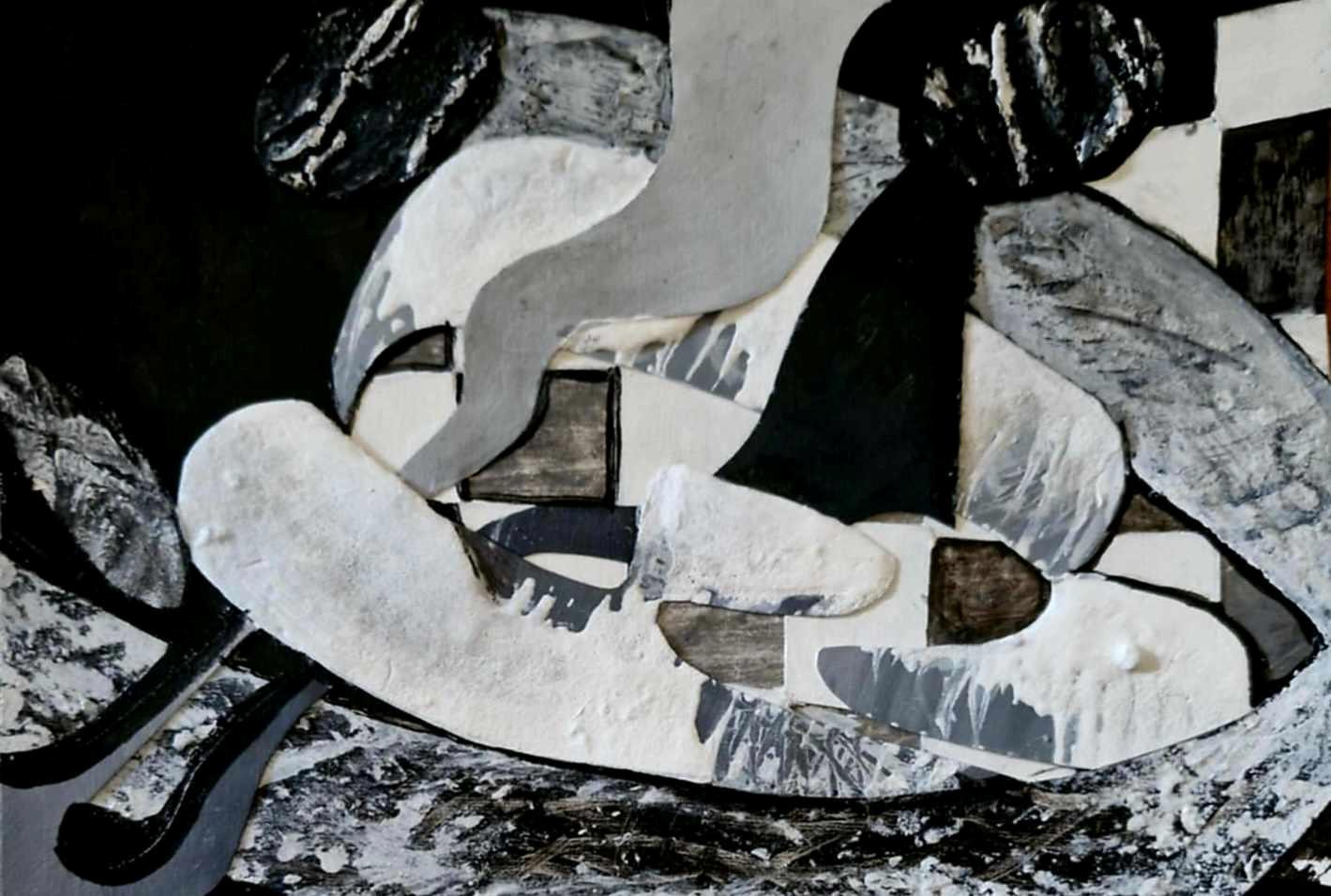 Broad pale bands and textured grey forms weave through deep black areas, suggesting an interrupted path through an abstract space.