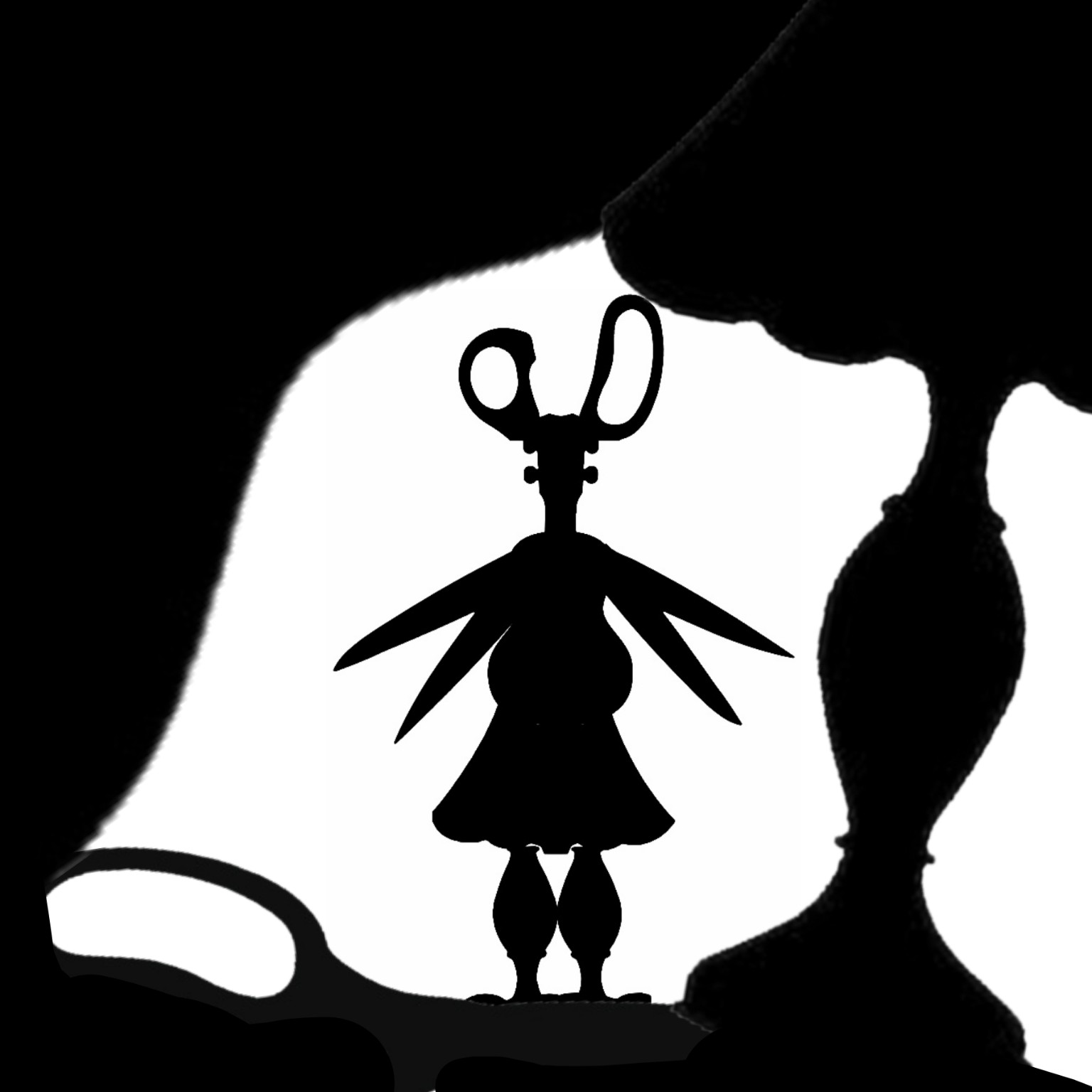 A black figure-like silhouette assembled from scissors and lamp-like shapes stands in a white opening framed by large dark silhouettes.