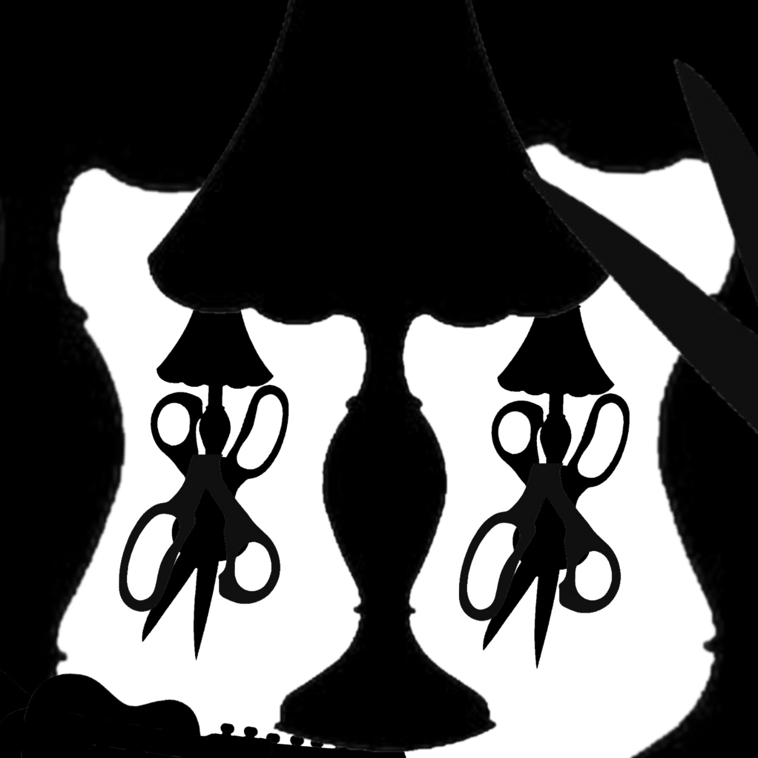 Two hanging arrangements of scissor and lamp silhouettes flank an enlarged central lamp, with long diagonal blades entering from the upper right.