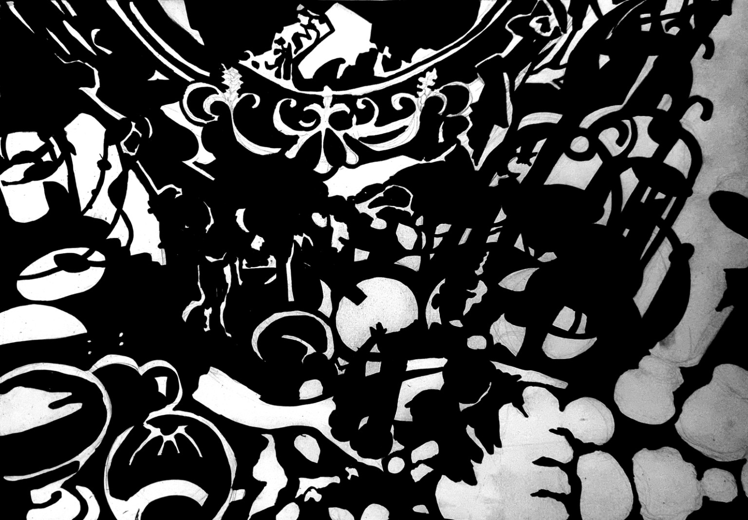 Interlocking black shapes, white curved channels, ornamental scrolls and object-like silhouettes fill a landscape composition.