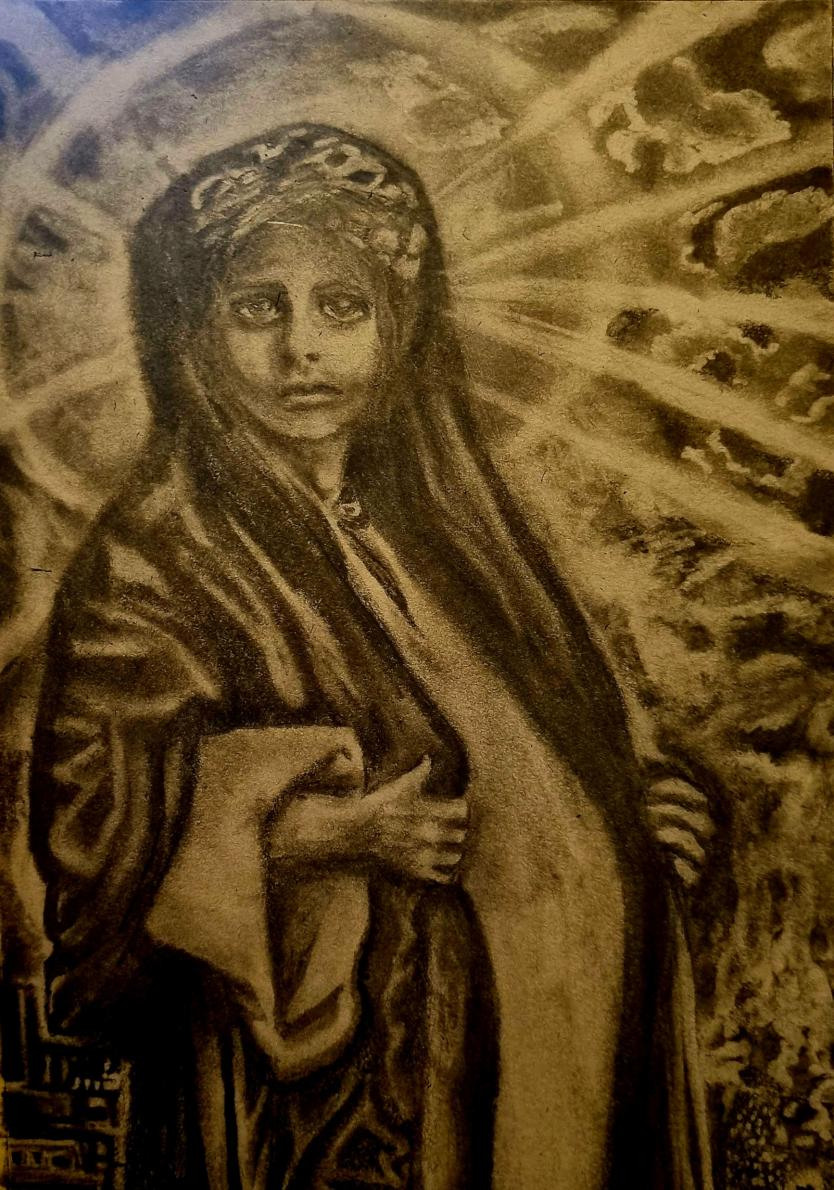 A young pregnant figure in a shawl and patterned head covering stands beneath a pale halo, holding her belly against a dark sepia-toned landscape.