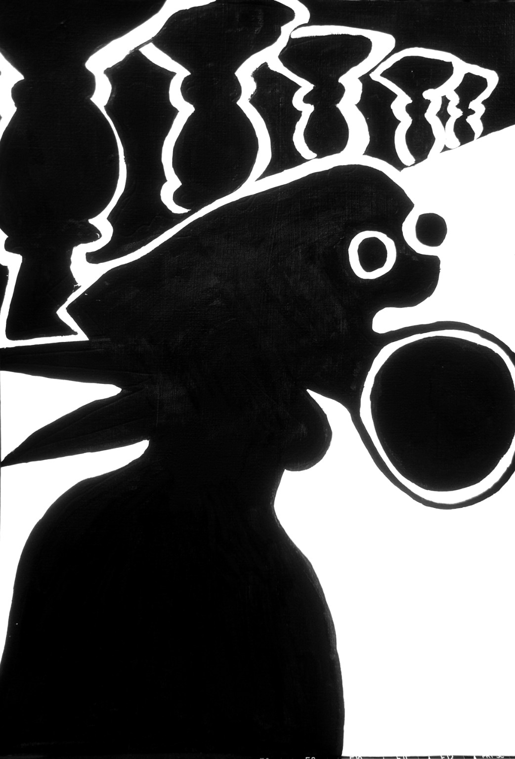 A large rounded black profile with pointed left extensions faces a black circle outlined in white; repeated vertical black forms fill the upper edge.