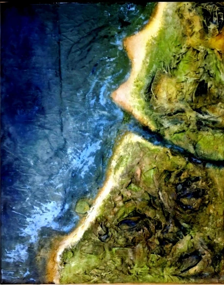 A blue coastal field meets a bright, irregular shoreline and green-brown textured land, viewed through a map-like composition.