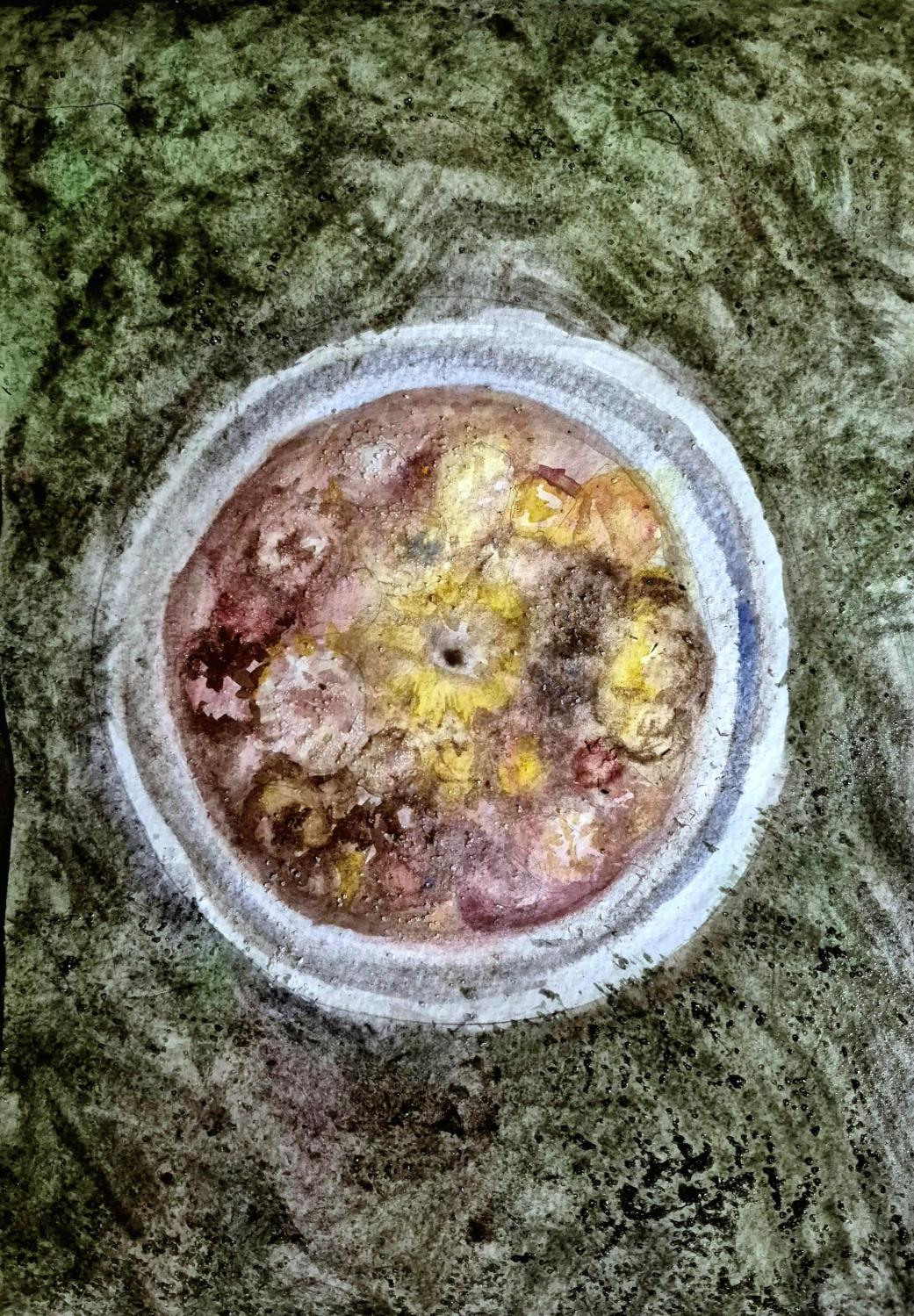 A pale circular bowl containing small pink and yellow forms rests in a cool green-grey field of loose, damp-looking marks.