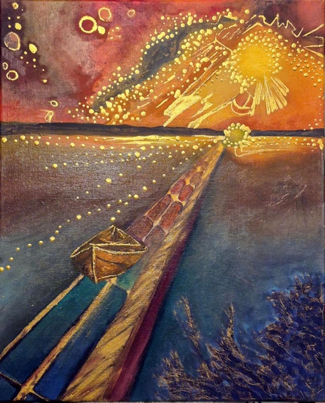A long timber-like structure and boat lead towards glowing gold marks and a radiant sky above dark blue and purple water.