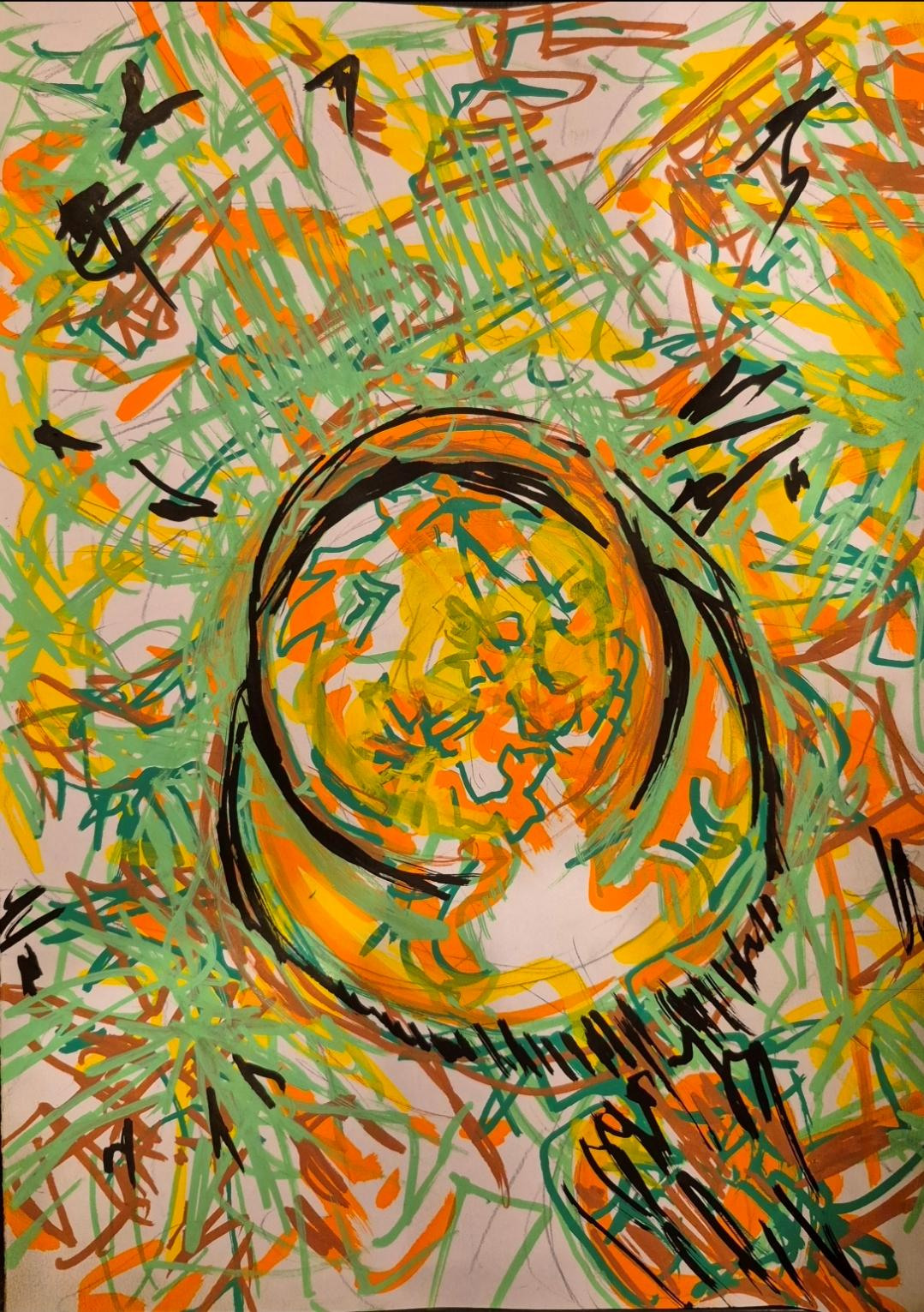 A circular bowl is surrounded by bright orange, green, yellow and red angular marks, with dark lines cutting through the saturated field.