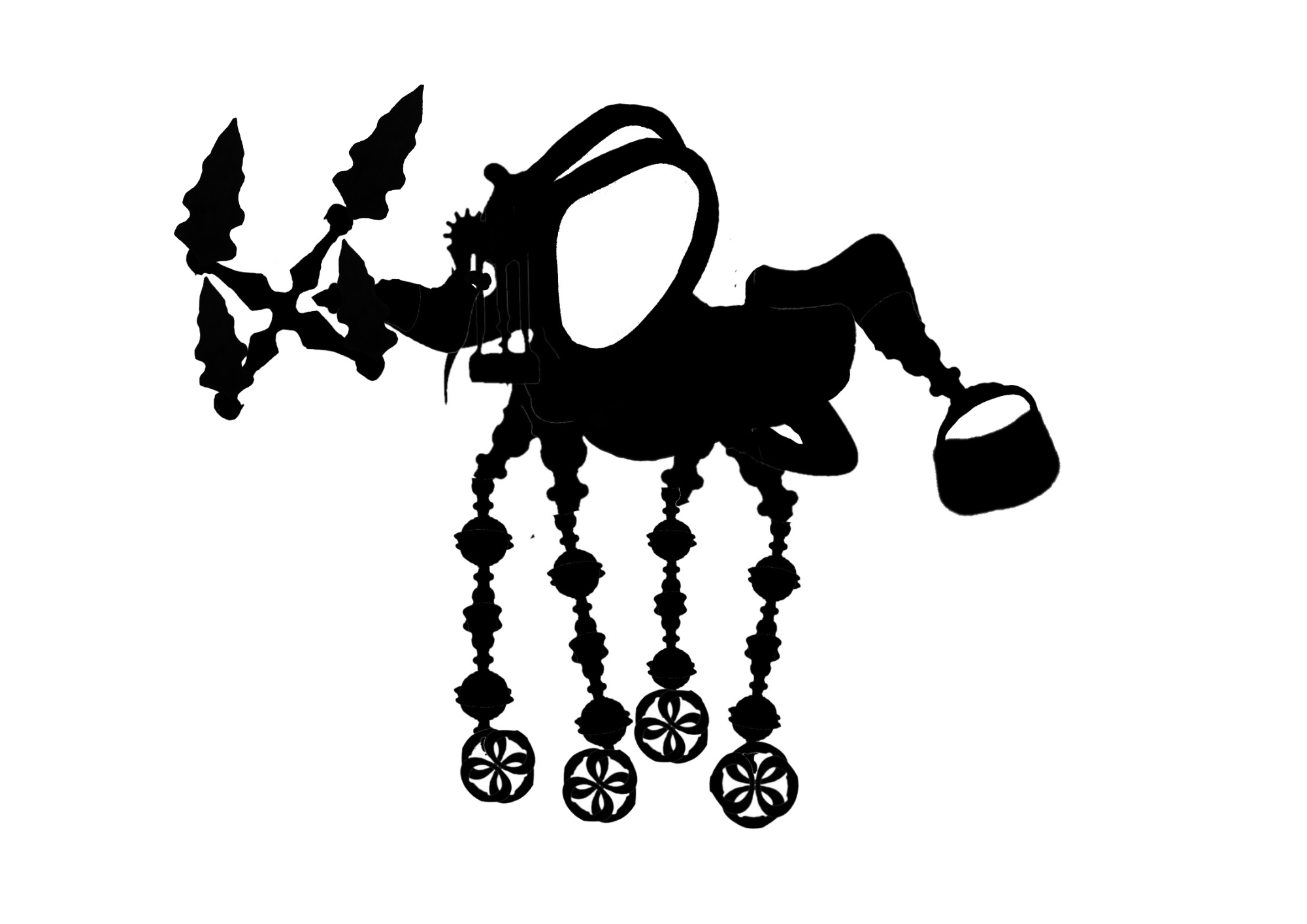 A black horizontal vessel-like construction with blade-shaped extensions, four hanging segmented stems ending in looped circles, and a small suspended cup.