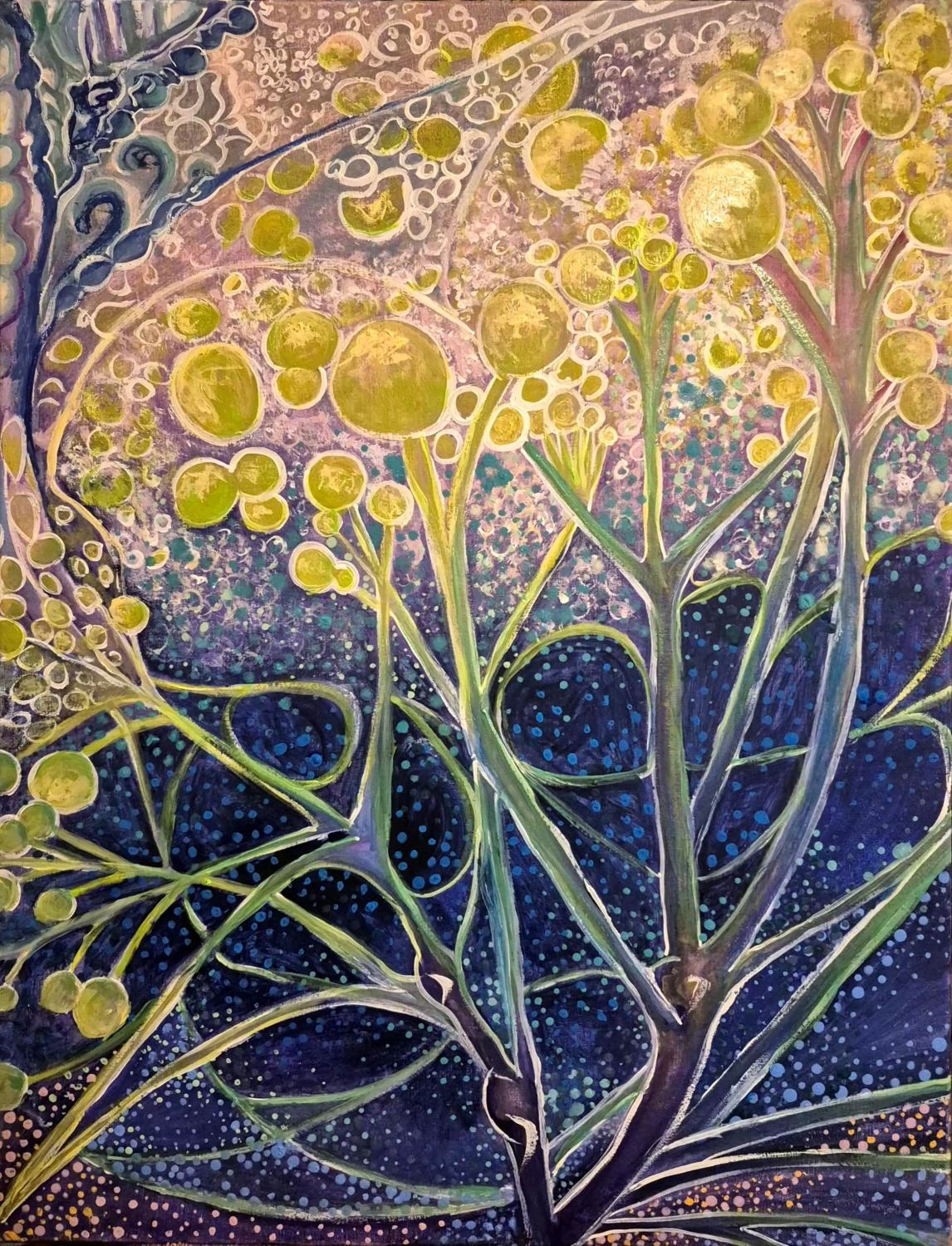 Pale branching lines and clustered yellow circles rise through blue, lavender and luminous yellow washes.
