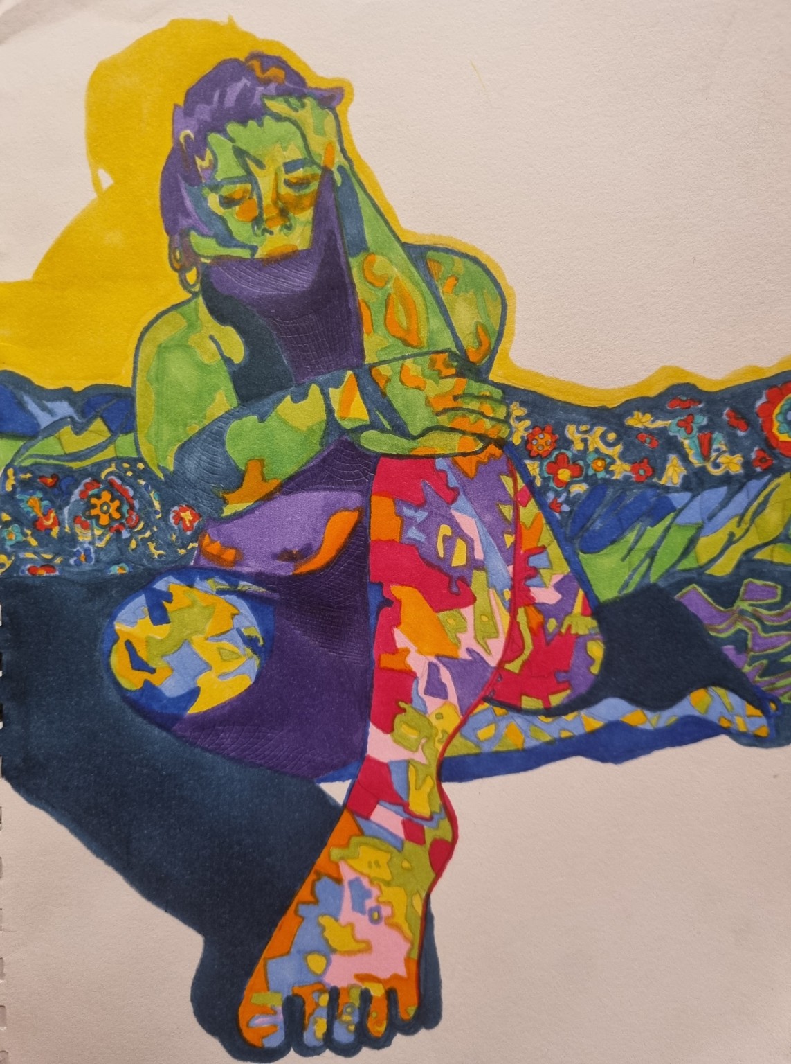 A reclining figure with a green face and arms, violet clothing and a multicoloured leg extending towards the foreground against a yellow-edged background.