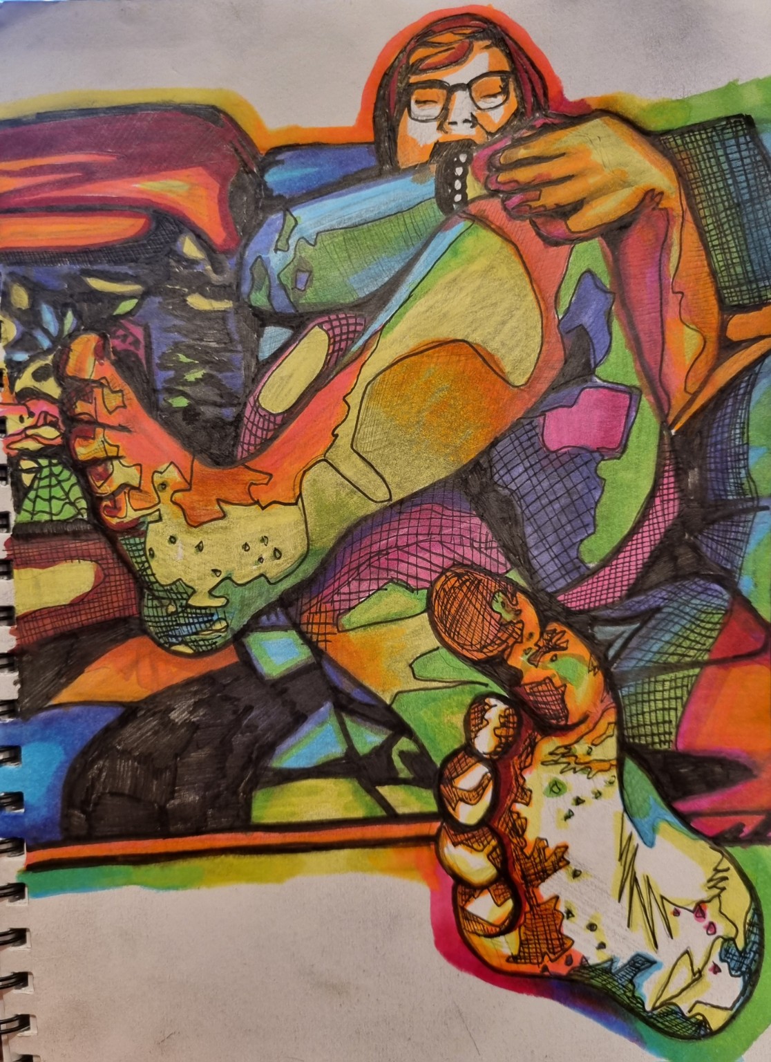 A reclining figure with glasses and a phone appears behind large overlapping legs and an orange-green foreground foot, surrounded by bright colour areas and black grids.