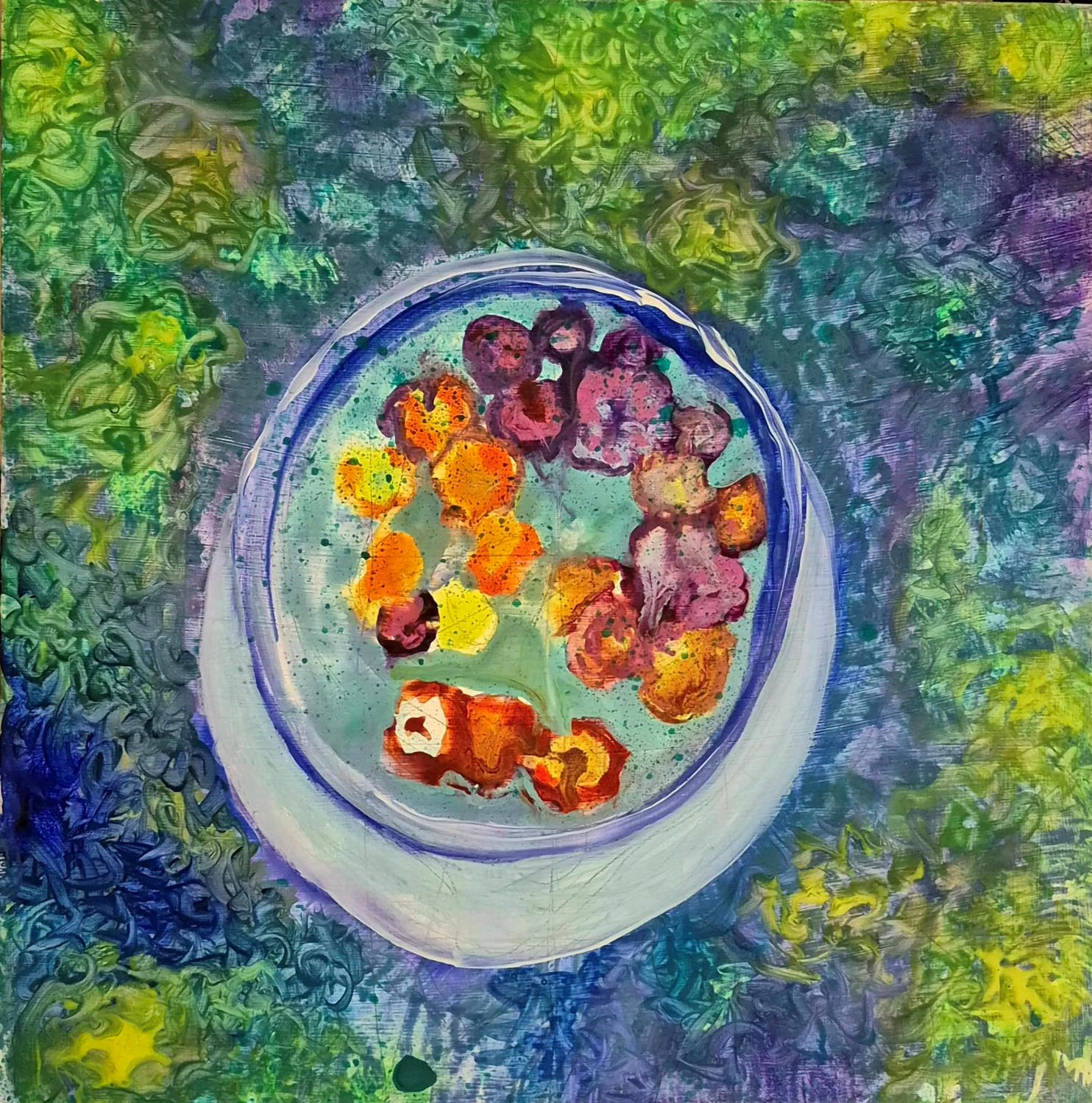 A pale circular vessel contains orange, yellow, pink and purple forms among loose blue-green and yellow foliage-like marks.
