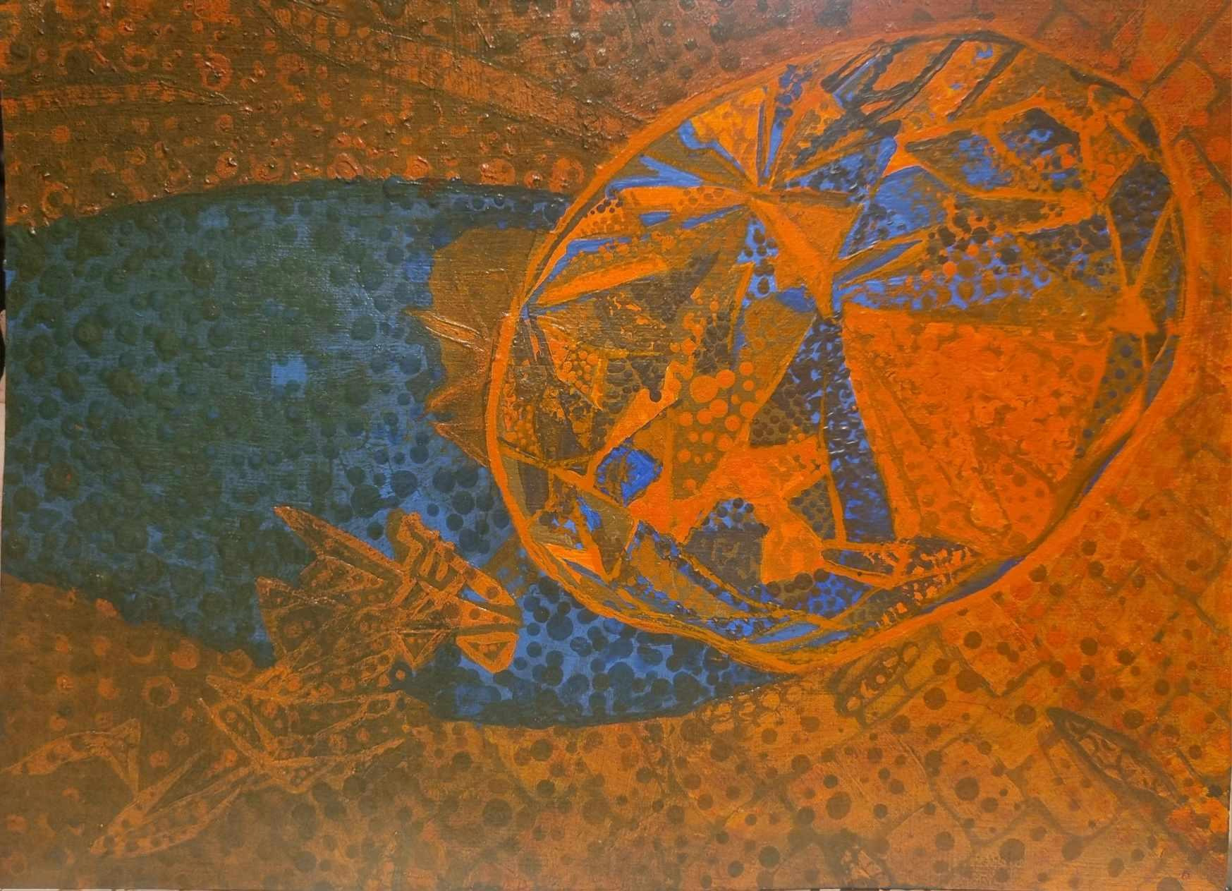 A circular orange prism-like form floats across a dotted field of burnt orange and blue, with a deep blue shadow extending towards the left.