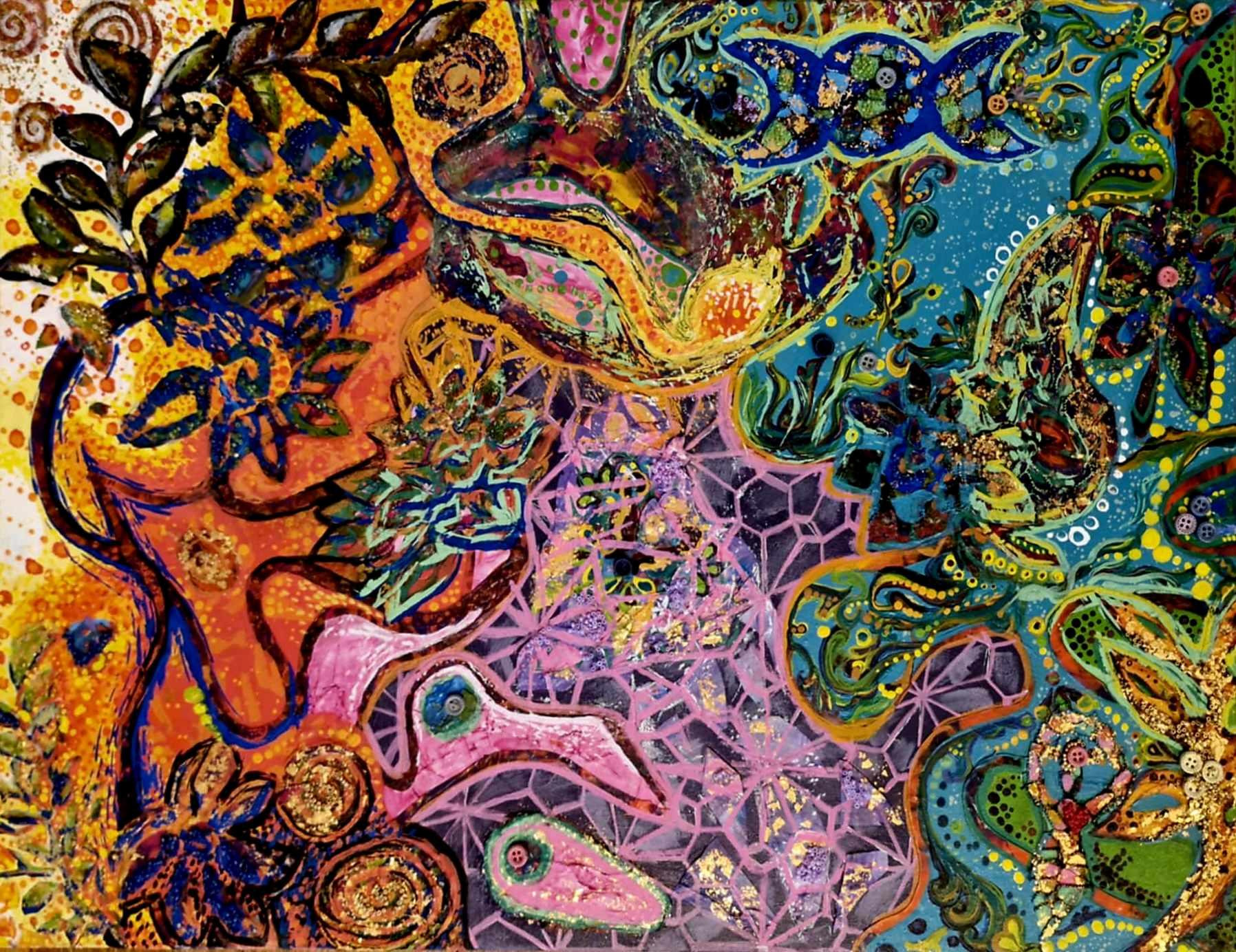 Dense multicoloured spirals, branching patterns and decorative shapes overlap across orange, pink, turquoise, violet and green areas, with raised collage details.